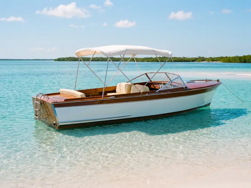 The same boat at midday over bright turquoise water.