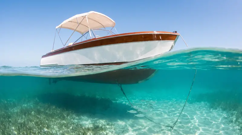 A split view: the boat above the waterline and clear turquoise water with sand below.
