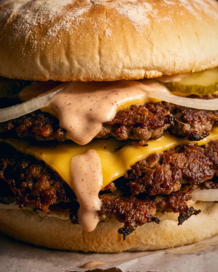 Close up of a smash burger's edge: two lacy, dark-browned patties, melted cheese and pink sauce with red spice running down over the bottom bun.