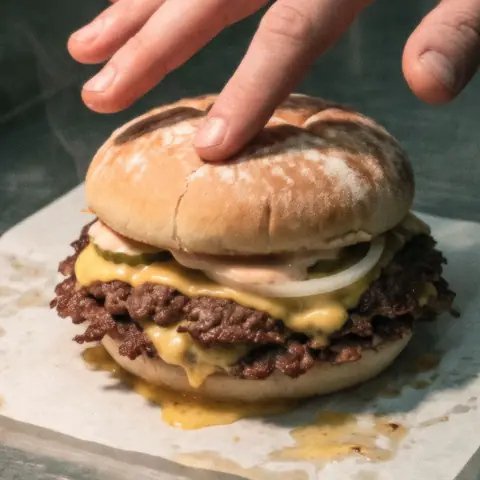 The Flattop on its paper: two smashed patties with melted American cheese, onion and pickles in a floured potato bun.