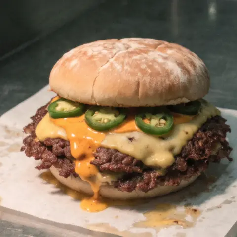 The Hot One on its paper: one smashed patty with melted pepper jack, green jalapeño rings and orange chilli mayo running down onto the paper, in a floured potato bun.