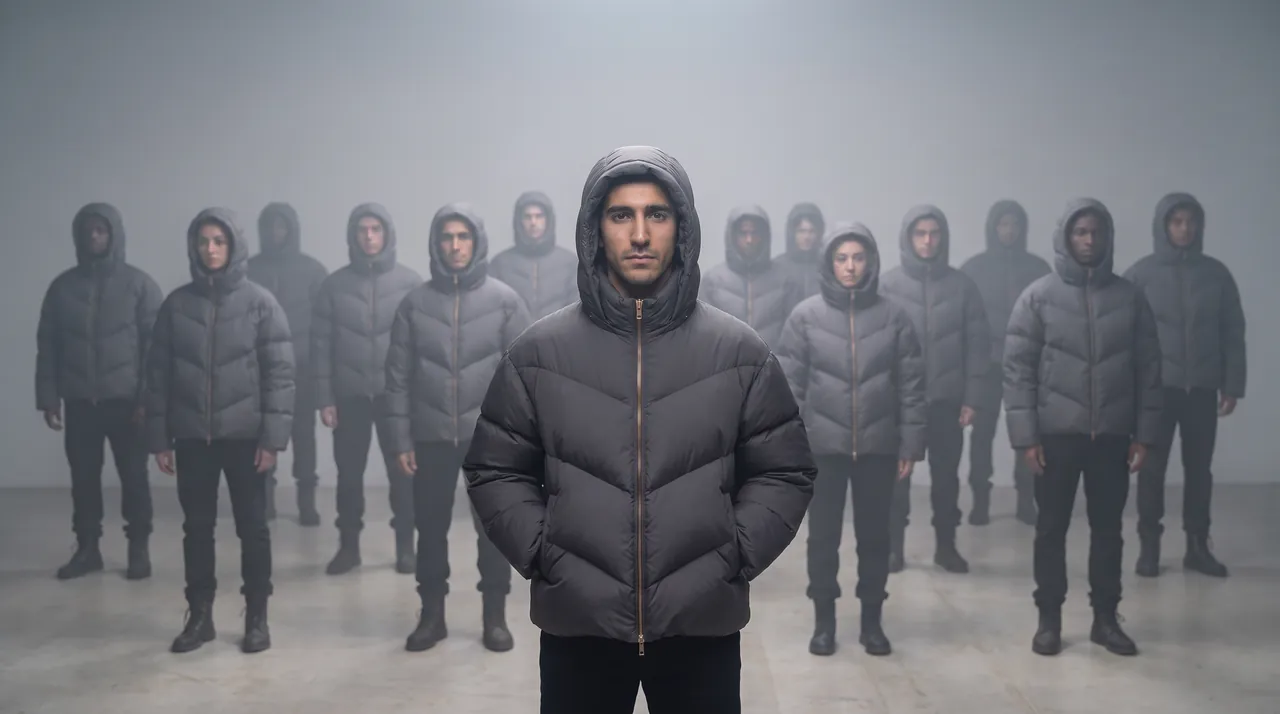 Fourteen people in the same graphite puffer jacket stand in grey haze; one man stands at the centre. The people are AI-generated.