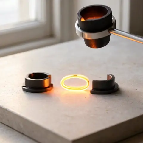 The two halves of the mold sliding apart around a glowing ring