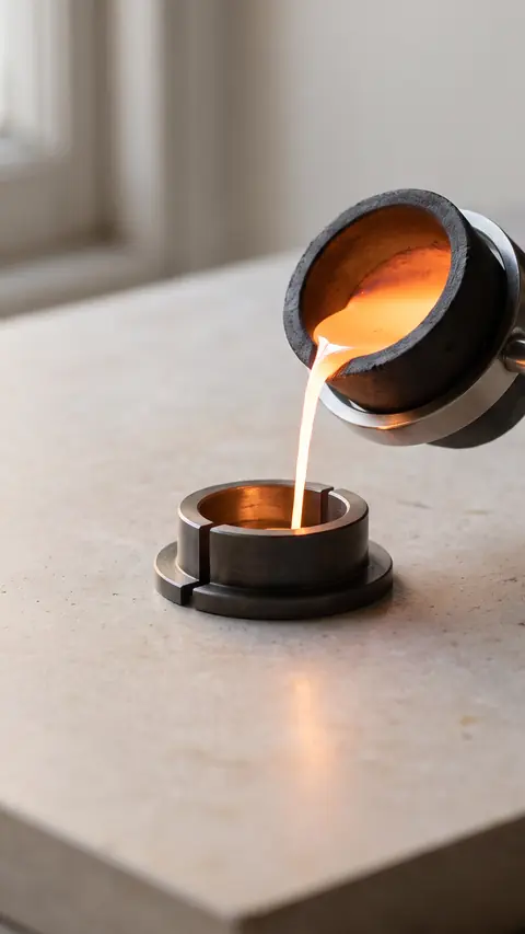Molten gold pouring from a small graphite crucible into a steel ring mold on a pale limestone bench, window light from the left