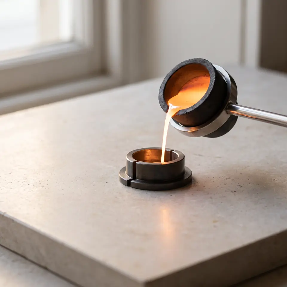 Molten gold pours from a graphite crucible into an open steel ring mould on a pale limestone bench.
