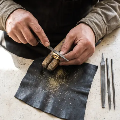 A goldsmith's hands file a gold ring held in a wooden clamp over a leather bench skin.