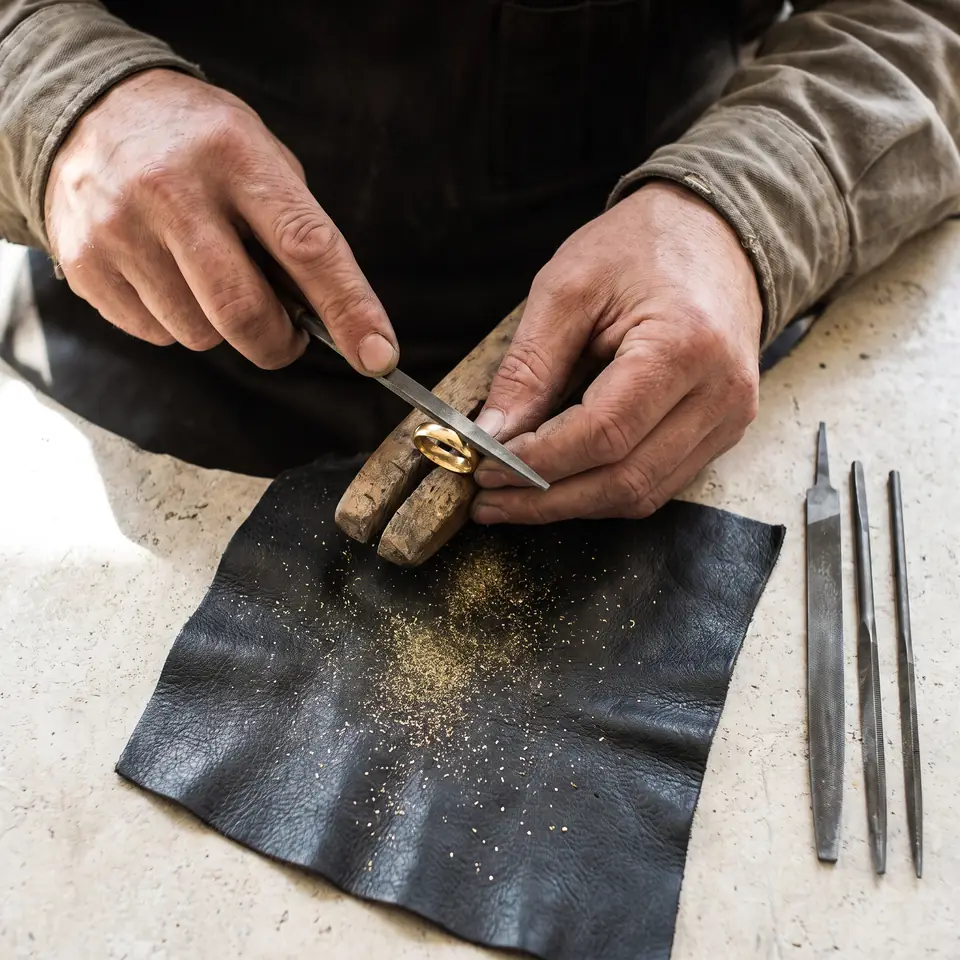 A goldsmith's hands filing the inside of a yellow-gold ring held in a wooden ring clamp, gold dust on a leather bench skin