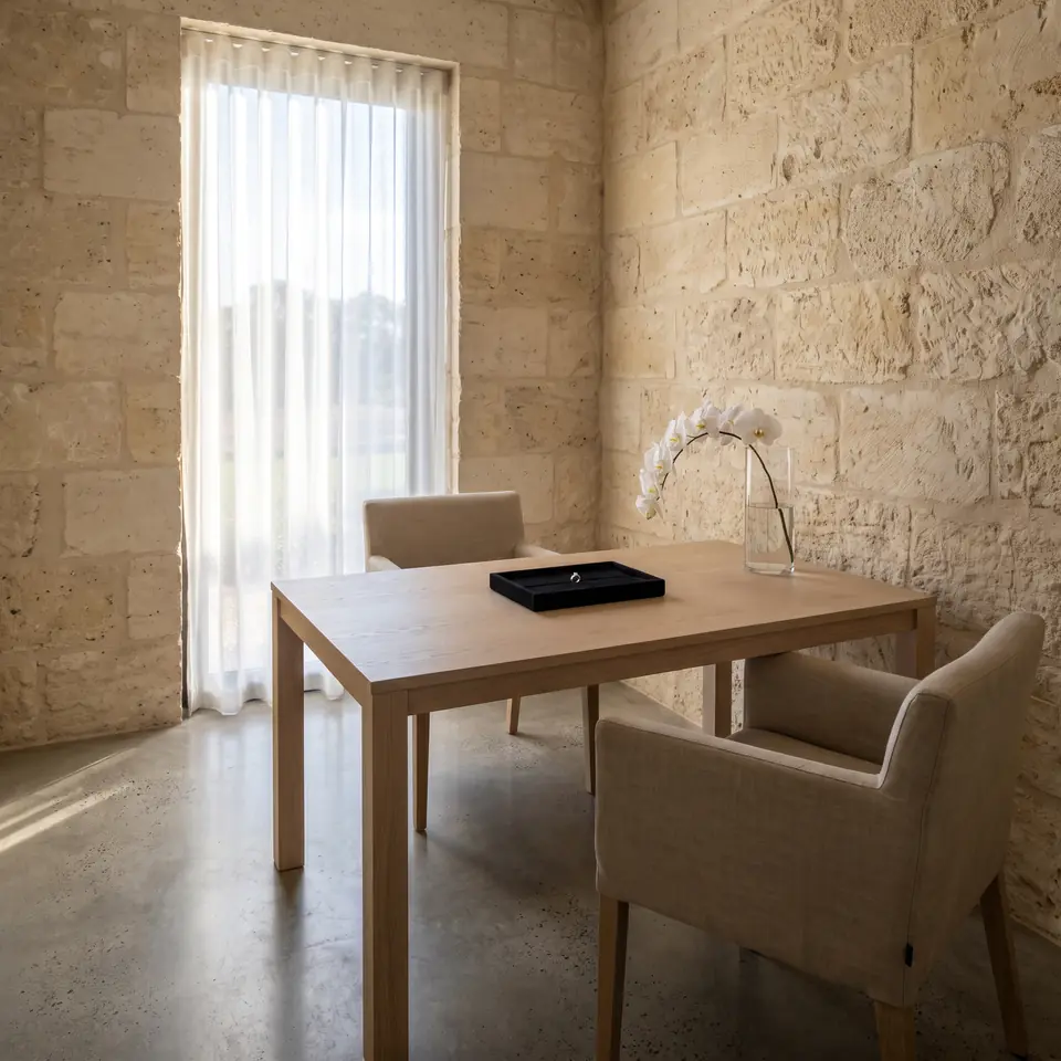 An empty private viewing room: a pale oak table, two upholstered chairs, a black velvet ring tray, limestone walls and a tall curtained window