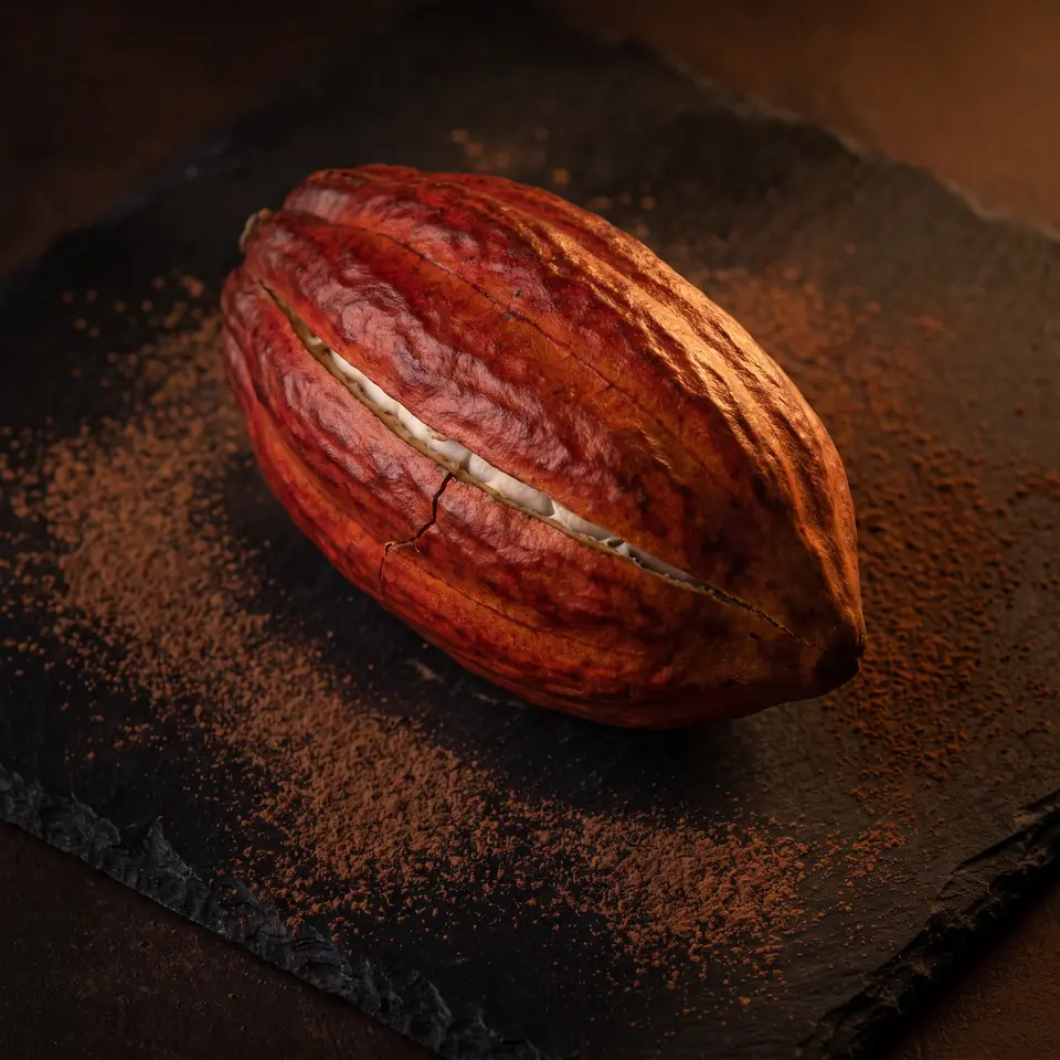 A ripe red cacao pod on a dark slate slab, a hairline crack along its length, cocoa dust around it