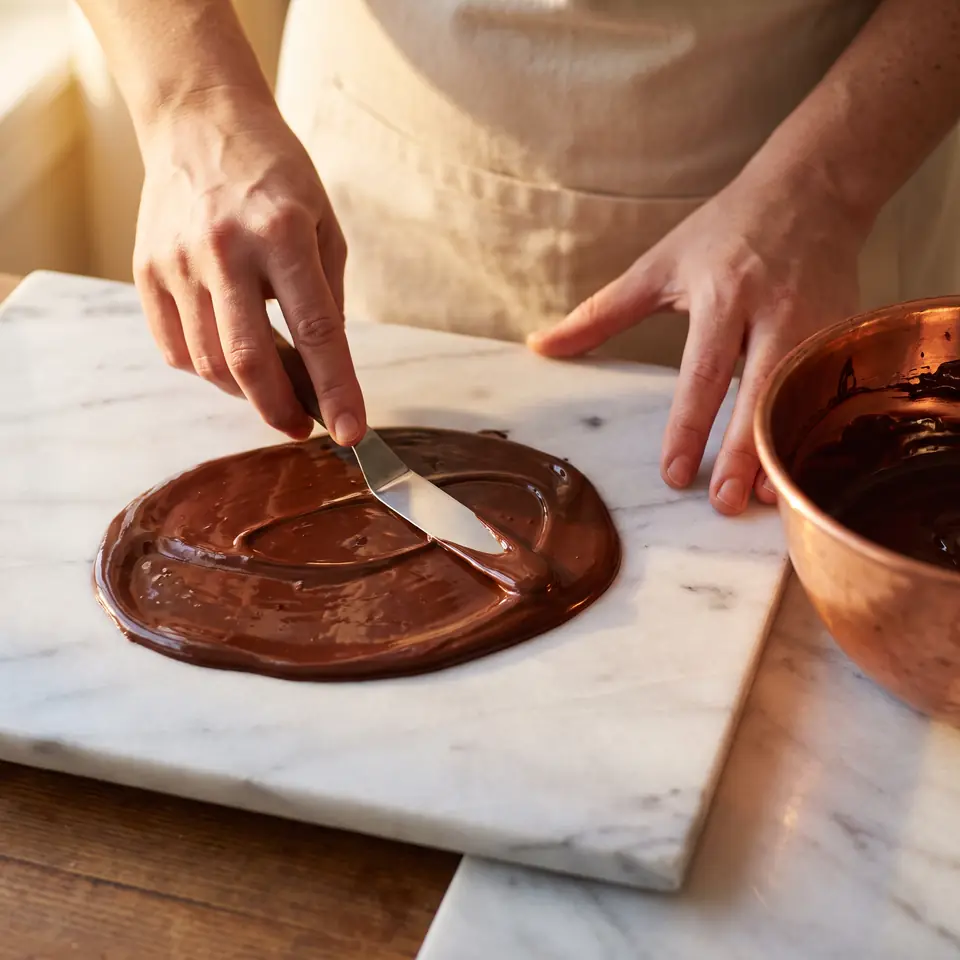 Two hands spreading glossy melted chocolate across a white marble slab with a steel palette knife, a copper bowl at the edge