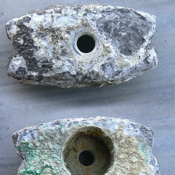 Two spent anodes, pitted and crusted with white and green corrosion