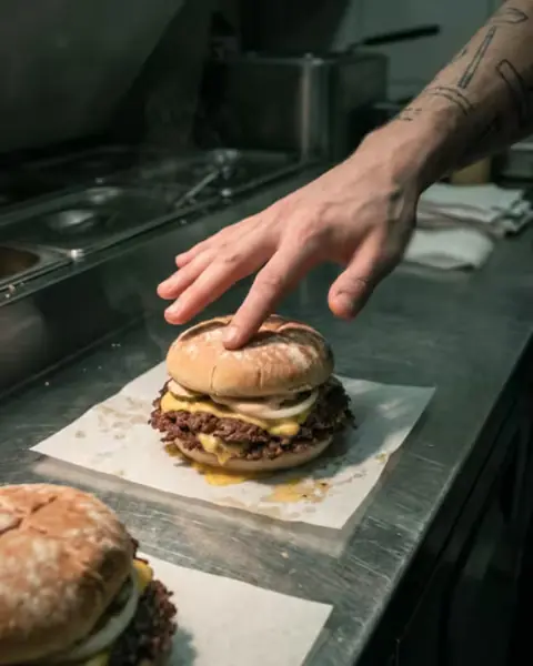 Film frame 0: a cook's open hand rests on the crown of a smash burger on a steel counter.