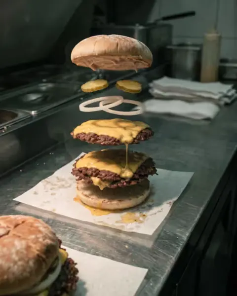 Film frame 120: six layers float in a column above the bottom bun.