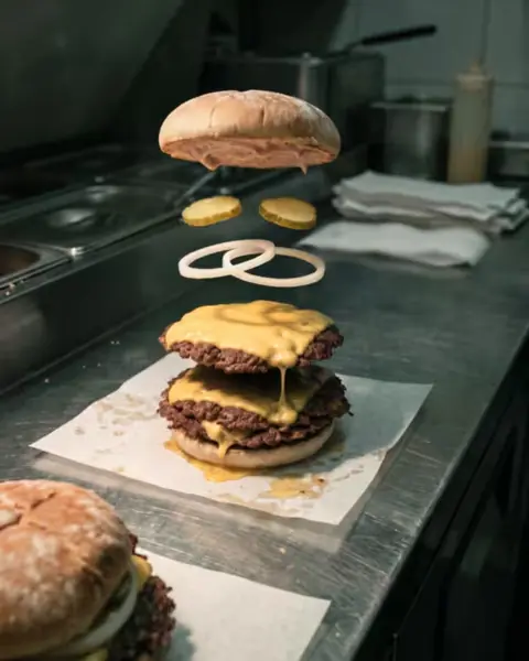 Film frame 80: the pickles, the onion and the patties rise apart.