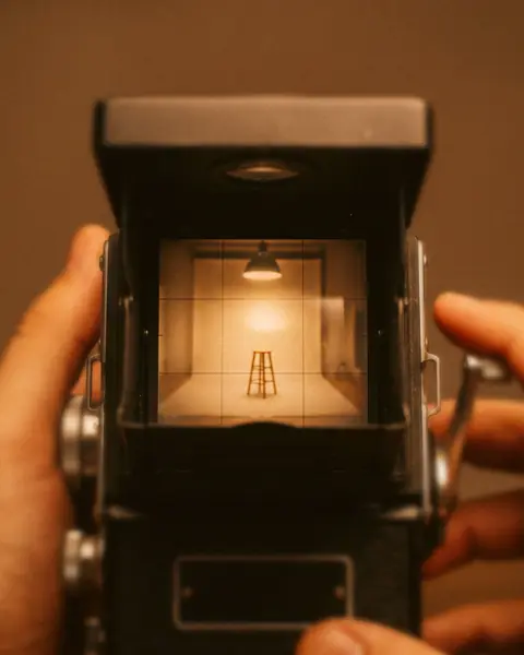Two hands hold a vintage twin-lens camera open from above; its ground glass shows an empty studio stool under a lamp.