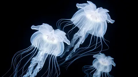 Film frame 120: the same three creatures halfway through their drift, tentacles trailing.