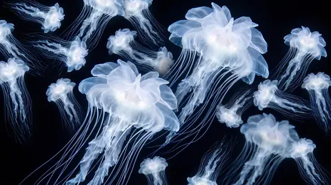 About twenty-two of the same glowing creatures fill the black water at different depths.