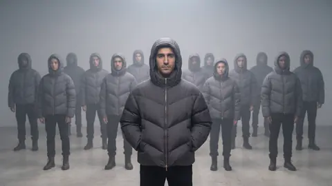 A crowd in identical graphite puffer jackets with their hoods up stands in rows in a grey haze; one man at the centre is in sharp focus.