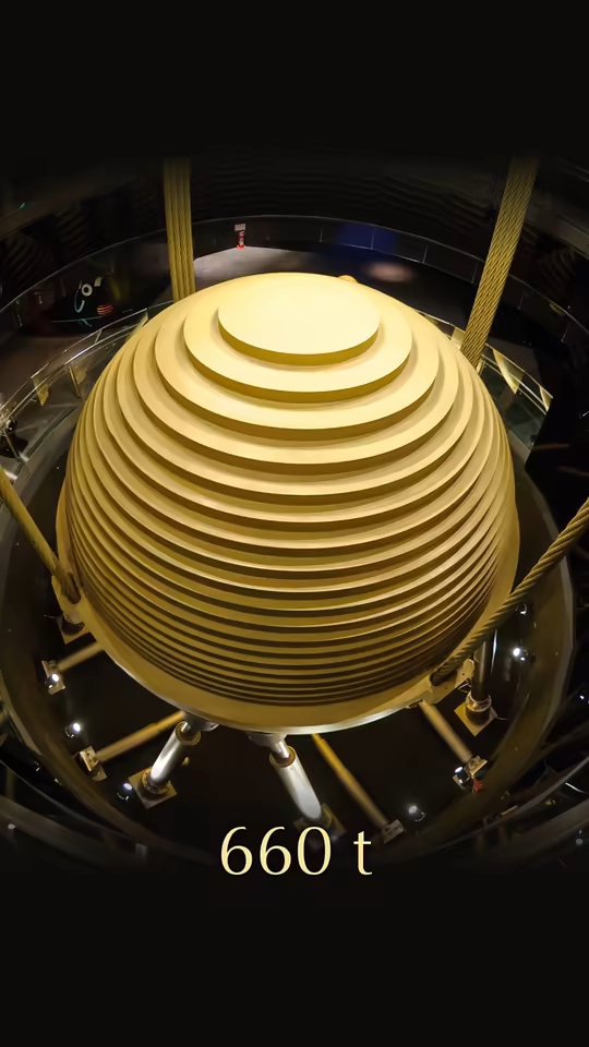 THE 660-TONNE BALL at 2.5 seconds: the real gold steel ball inside Taipei 101, marked 660 t.