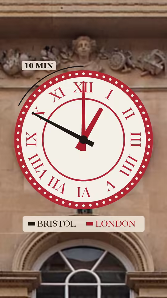 THE CLOCK WITH TWO MINUTE HANDS at 8.7 seconds: the Bristol clock with a black and a red minute hand ten minutes apart, labelled Bristol and London.