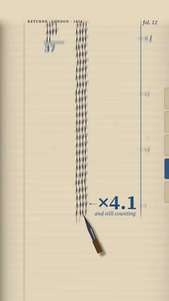 THE GRANDEST SCALE at 27.5 seconds: the steel nib writing the Southwark tally down the ledger page.