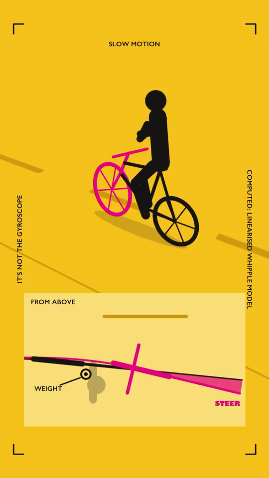 IT’S NOT THE GYROSCOPE at 20 seconds: a drawn rider on a bike whose pink front wheel turns into the fall, with the view from above.