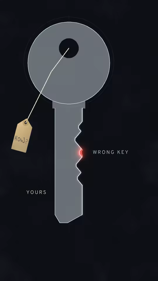 THE HOUSE KEY at 40.25 seconds: your key and the wrong key drawn as one grey key, a red glow at the one cut that differs, and a HOW? tag hanging from the bow.