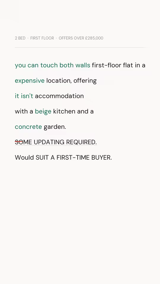 WHAT IT ACTUALLY MEANS at 10.6 seconds: a property listing with the plain meanings stamped in.