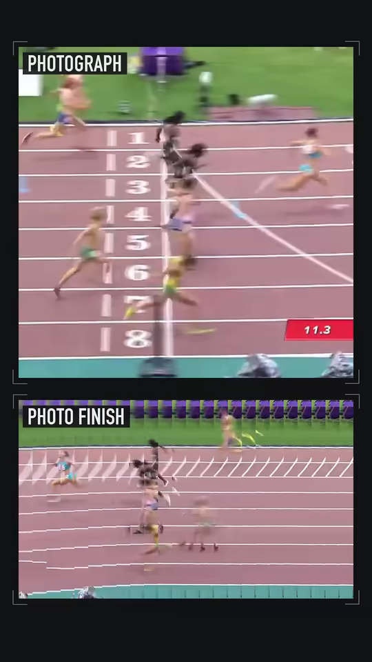 A PHOTO FINISH ISN’T A PHOTO at 1 second: a real photograph of a 100 m finish above a photo finish of the same race, its runners stretched and its stands turned to stripes.