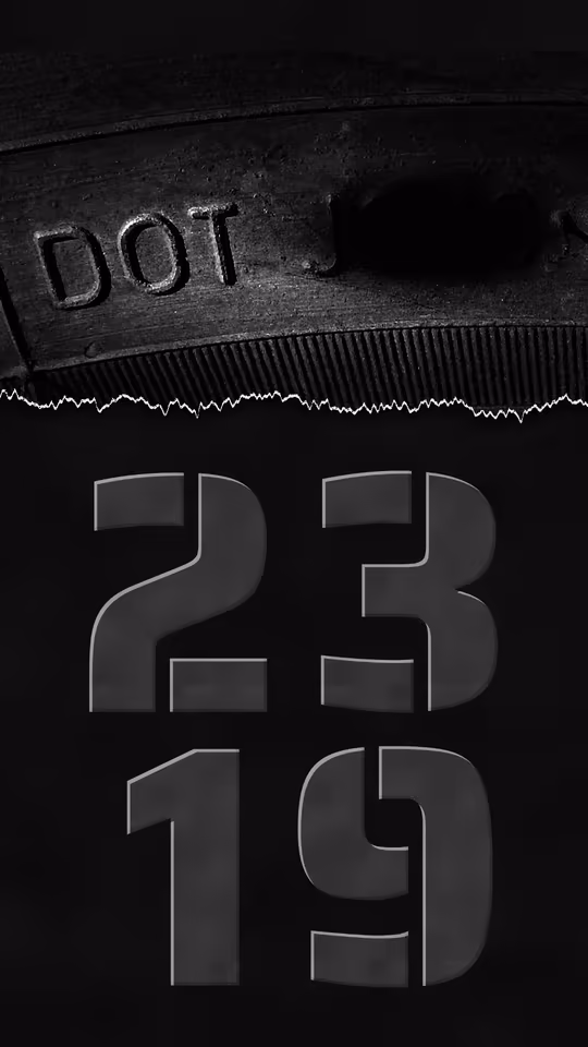 YOUR TIRES HAVE A BIRTHDAY at 1 second: DOT moulded in the rubber of a real tire, and the numbers 23 and 19 in big stencil type below it.